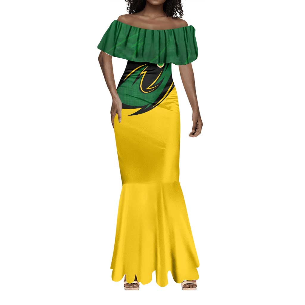 Comoros Mermaid Dress - Green Black Yellow Swirl Design and National Emblem Pattern