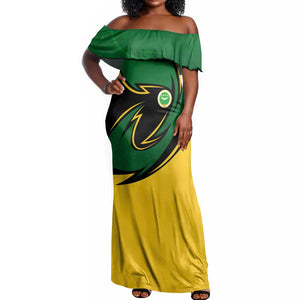Comoros Off Shoulder Maxi Dress - Green Black Yellow Swirl Design and National Emblem Pattern