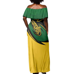 Comoros Off Shoulder Maxi Dress - Green Black Yellow Swirl Design and National Emblem Pattern