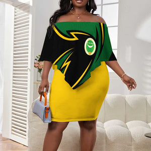 Comoros Off Shoulder Short Dress - Green Black Yellow Swirl Design and National Emblem Pattern