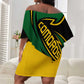 Comoros Off Shoulder Short Dress - Green Black Yellow Swirl Design and National Emblem Pattern