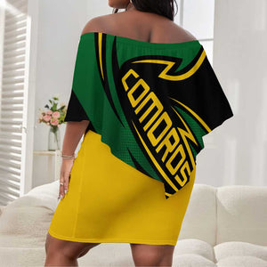 Comoros Off Shoulder Short Dress - Green Black Yellow Swirl Design and National Emblem Pattern