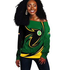 Comoros Off Shoulder Sweater - Green Black Yellow Swirl Design and National Emblem Pattern
