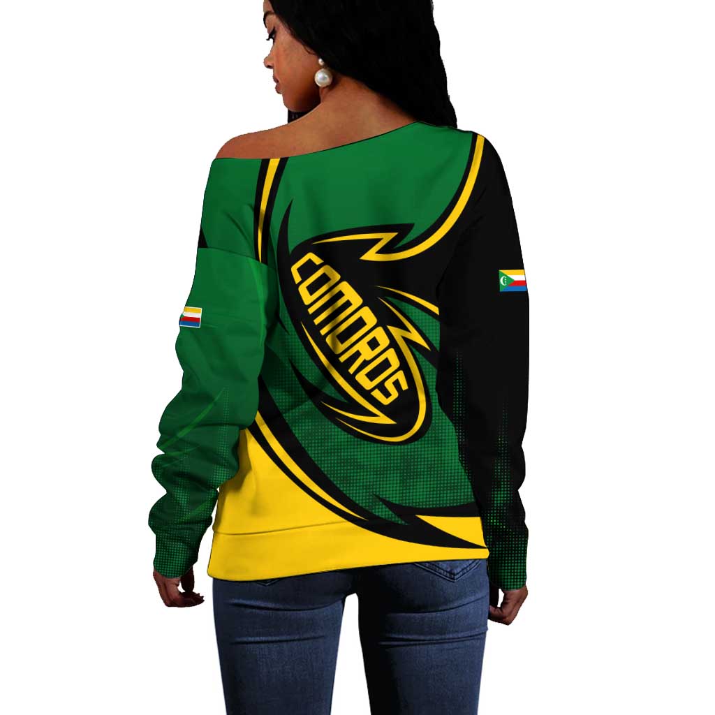 Comoros Off Shoulder Sweater - Green Black Yellow Swirl Design and National Emblem Pattern