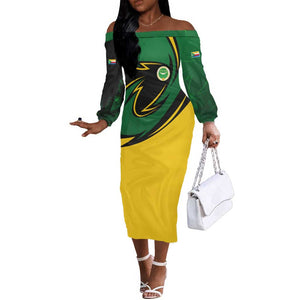 Comoros Off The Shoulder Long Sleeve Dress - Green Black Yellow Swirl Design and National Emblem Pattern