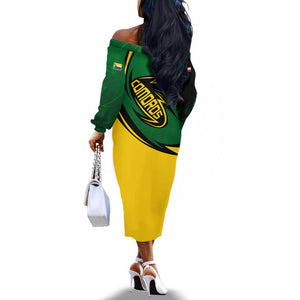 Comoros Off The Shoulder Long Sleeve Dress - Green Black Yellow Swirl Design and National Emblem Pattern