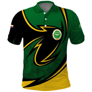Comoros Polo Shirt - Green Black Yellow Swirl Design and National Emblem Pattern