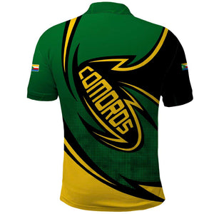 Comoros Polo Shirt - Green Black Yellow Swirl Design and National Emblem Pattern