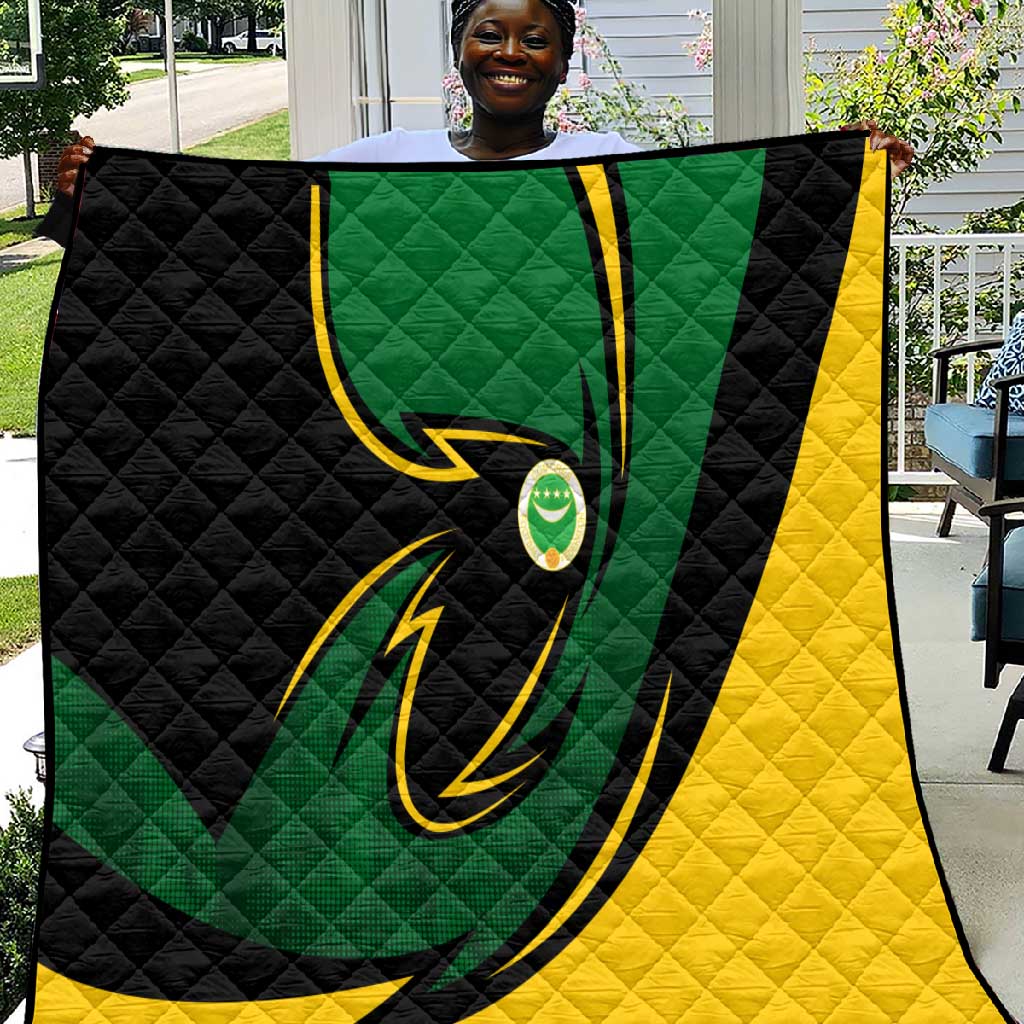 Comoros Quilt - Green Black Yellow Swirl Design and National Emblem Pattern