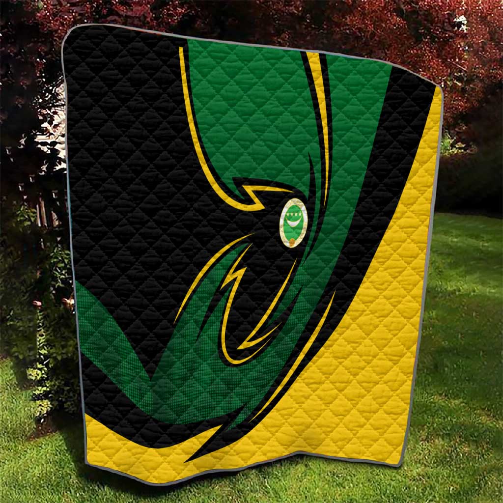 Comoros Quilt - Green Black Yellow Swirl Design and National Emblem Pattern