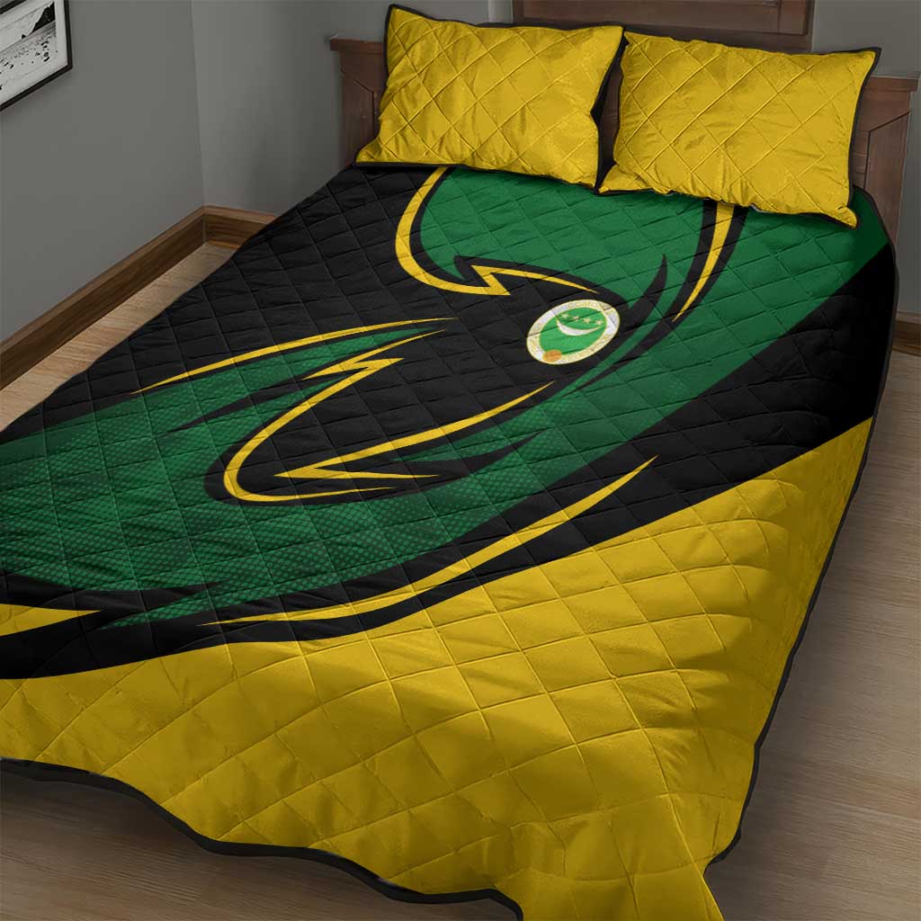 Comoros Quilt Bed Set - Green Black Yellow Swirl Design and National Emblem Pattern