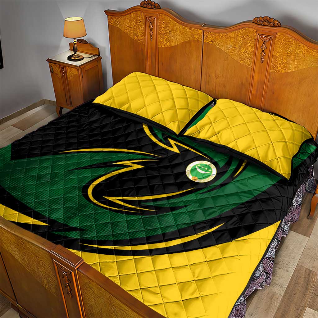 Comoros Quilt Bed Set - Green Black Yellow Swirl Design and National Emblem Pattern