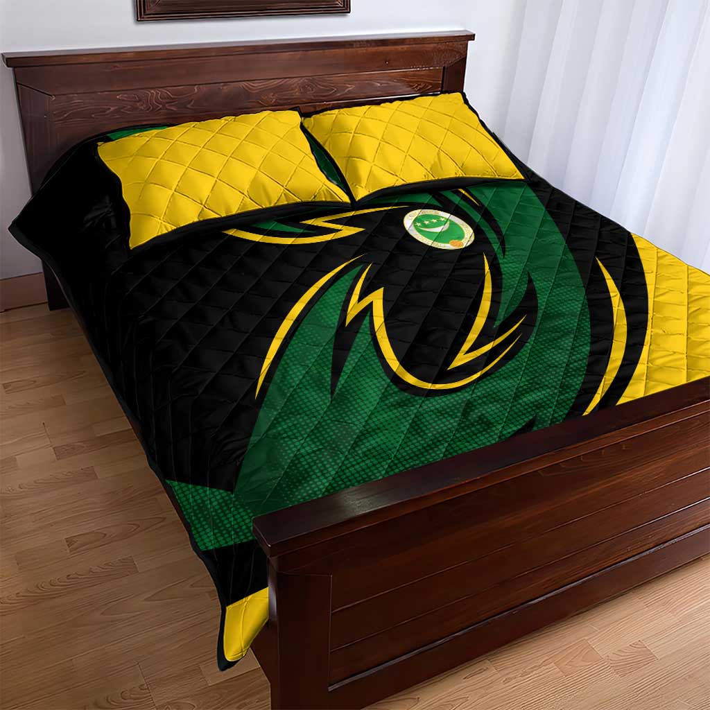Comoros Quilt Bed Set - Green Black Yellow Swirl Design and National Emblem Pattern