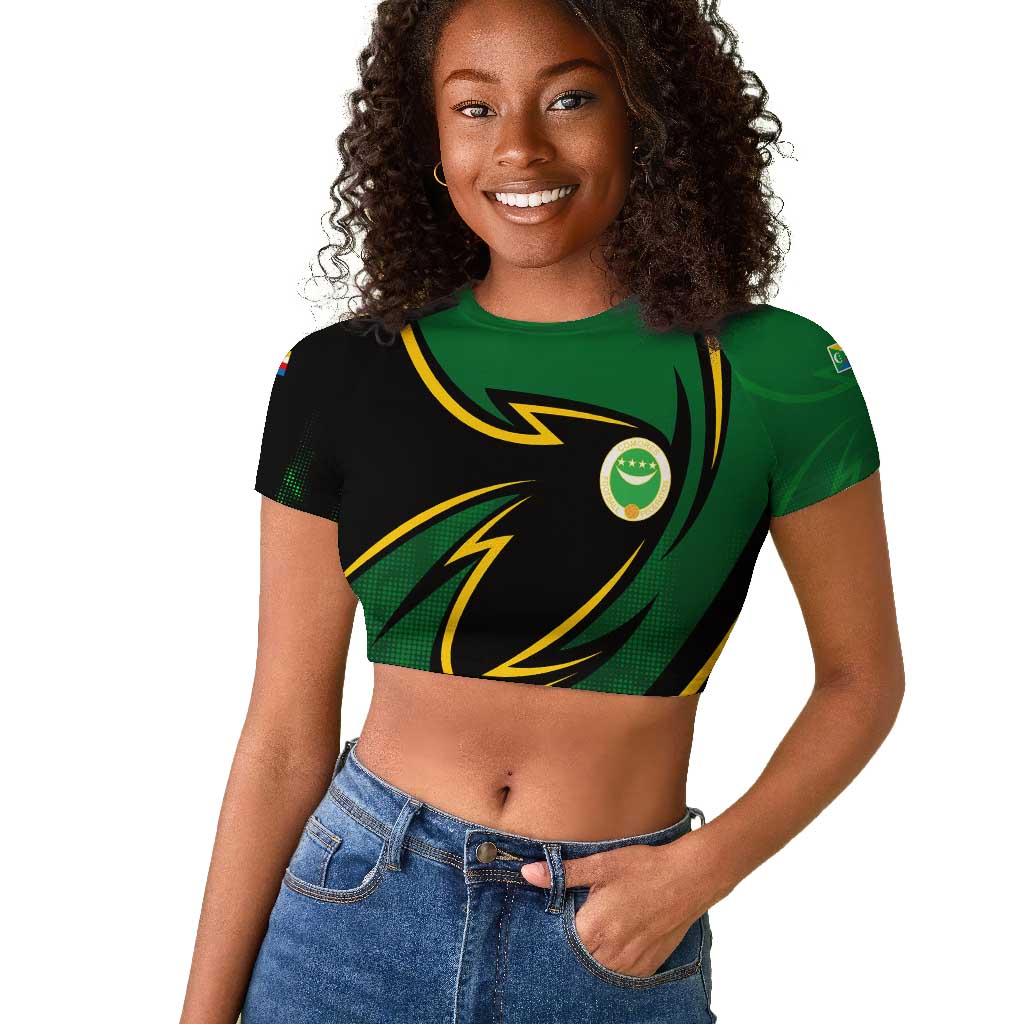 Comoros Raglan Cropped T shirt - Green Black Yellow Swirl Design and National Emblem Pattern
