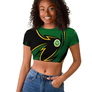 Comoros Raglan Cropped T shirt - Green Black Yellow Swirl Design and National Emblem Pattern