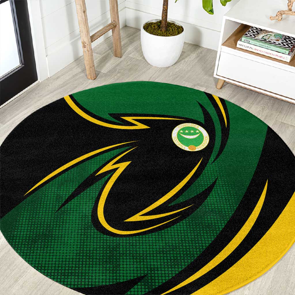 Comoros Round Carpet - Green Black Yellow Swirl Design and National Emblem Pattern