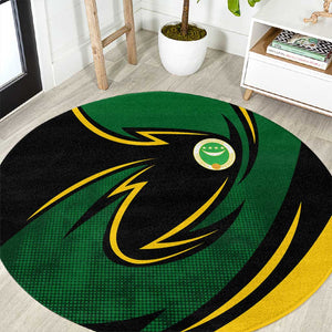 Comoros Round Carpet - Green Black Yellow Swirl Design and National Emblem Pattern