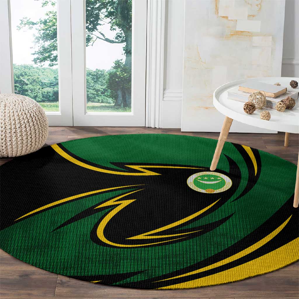 Comoros Round Carpet - Green Black Yellow Swirl Design and National Emblem Pattern
