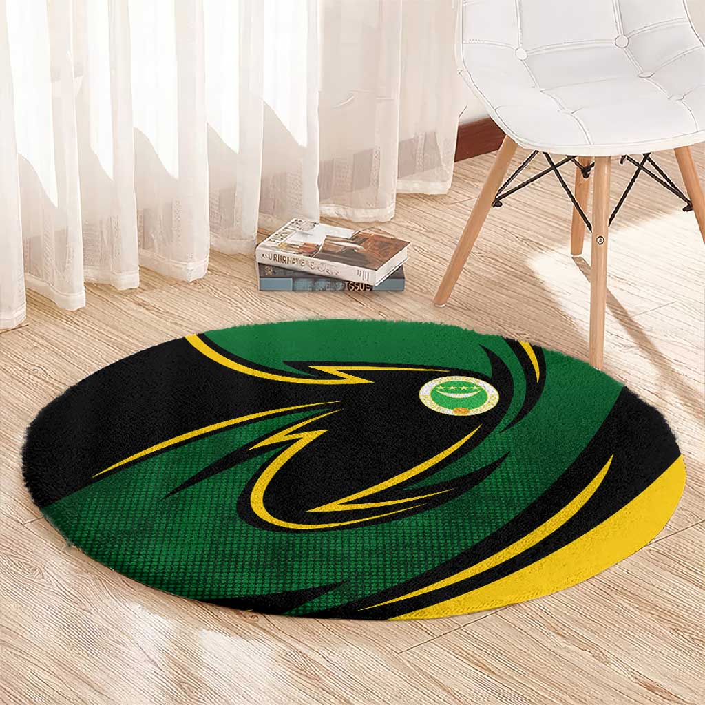 Comoros Round Carpet - Green Black Yellow Swirl Design and National Emblem Pattern