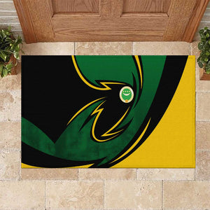 Comoros Rubber Doormat - Green Black Yellow Swirl Design and National Emblem Pattern