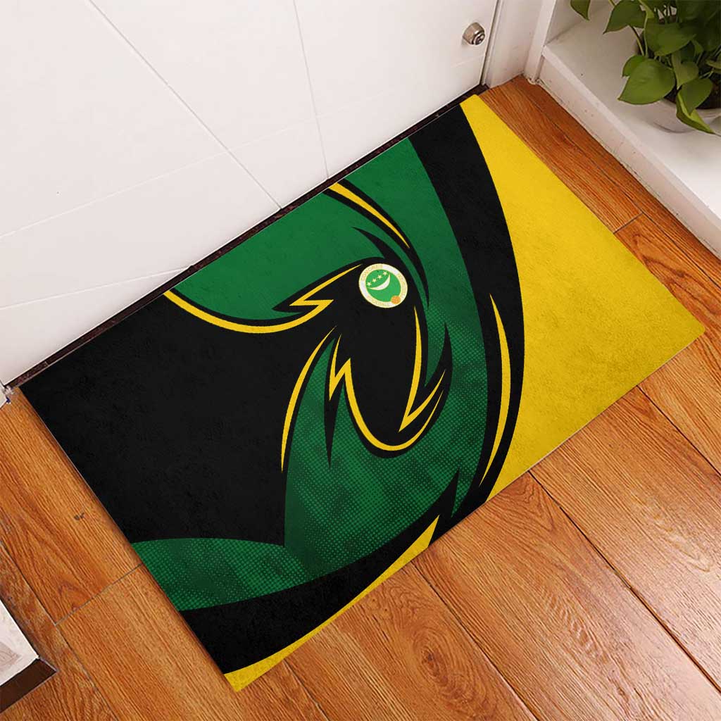 Comoros Rubber Doormat - Green Black Yellow Swirl Design and National Emblem Pattern