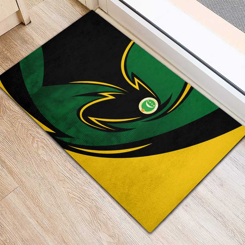 Comoros Rubber Doormat - Green Black Yellow Swirl Design and National Emblem Pattern