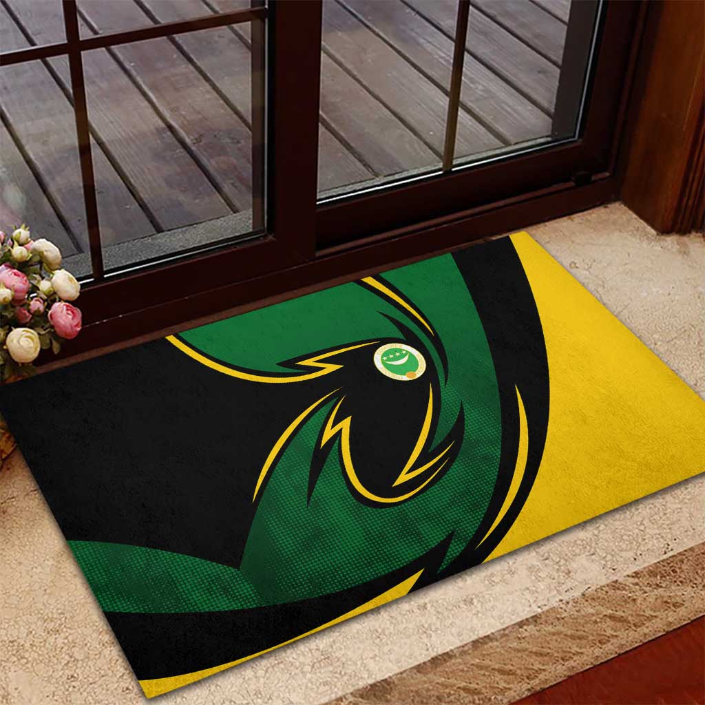 Comoros Rubber Doormat - Green Black Yellow Swirl Design and National Emblem Pattern