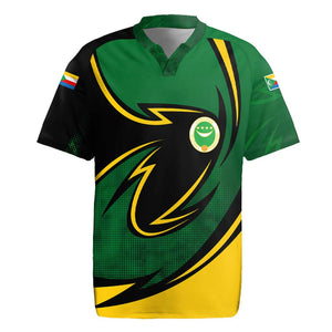 Comoros Rugby Jersey - Green Black Yellow Swirl Design and National Emblem Pattern
