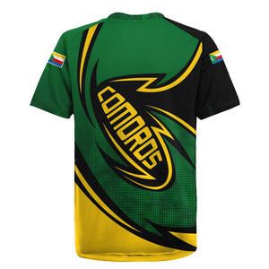 Comoros Rugby Jersey - Green Black Yellow Swirl Design and National Emblem Pattern