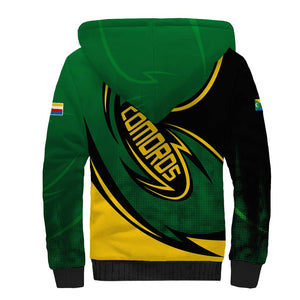 Comoros Sherpa Hoodie - Green Black Yellow Swirl Design and National Emblem Pattern