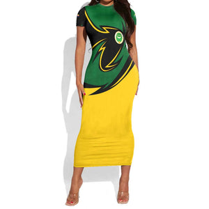 Comoros Short Sleeve Bodycon Dress - Green Black Yellow Swirl Design and National Emblem Pattern TS04