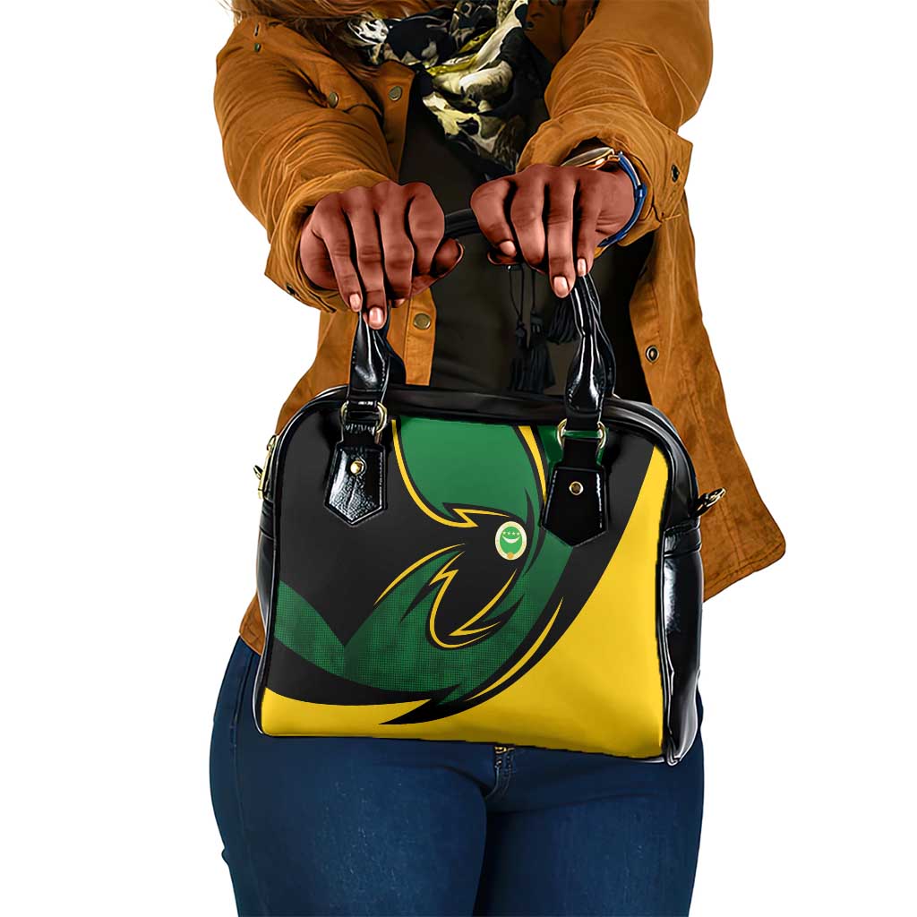 Comoros Shoulder Handbag - Green Black Yellow Swirl Design and National Emblem Pattern