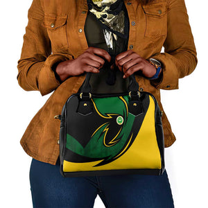 Comoros Shoulder Handbag - Green Black Yellow Swirl Design and National Emblem Pattern