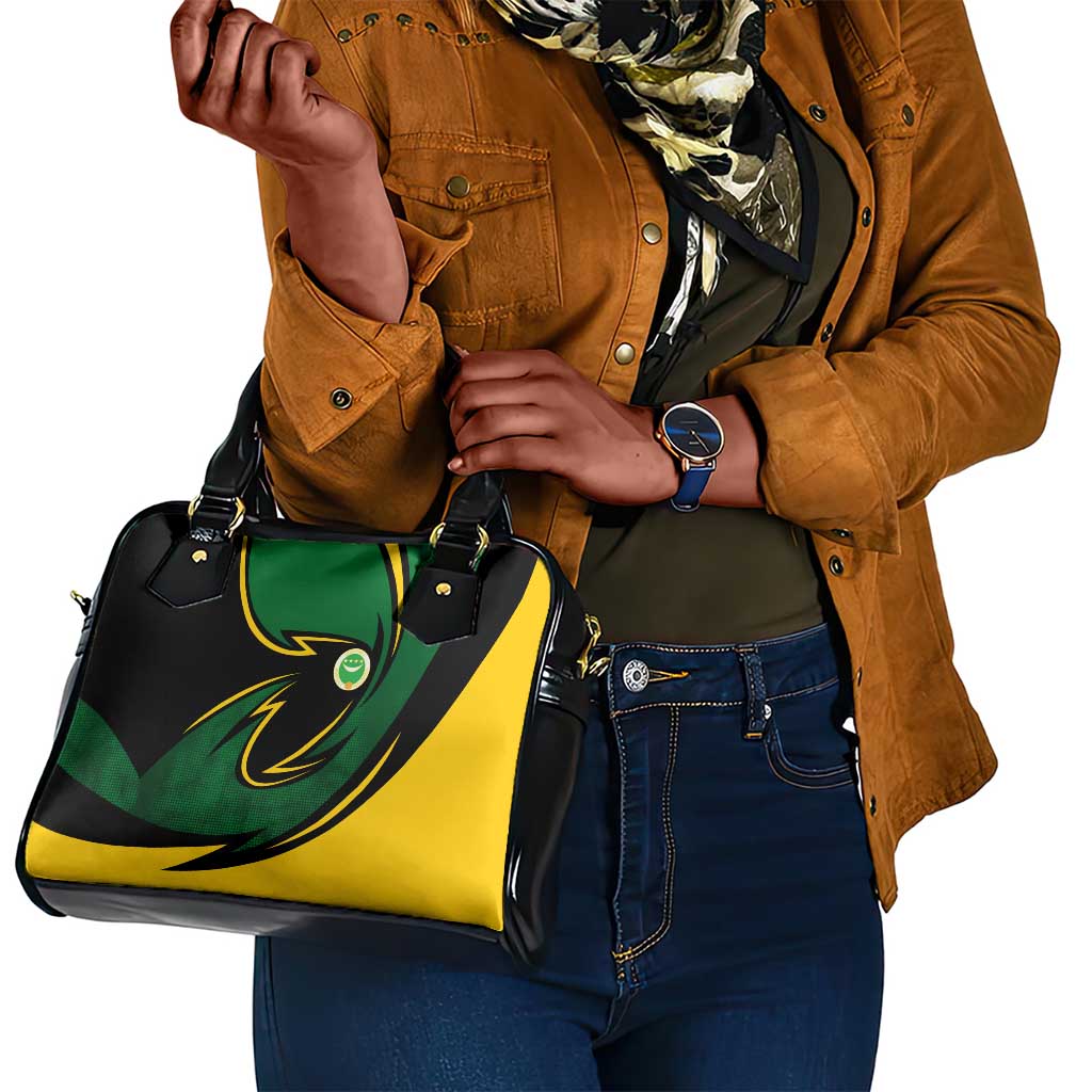 Comoros Shoulder Handbag - Green Black Yellow Swirl Design and National Emblem Pattern