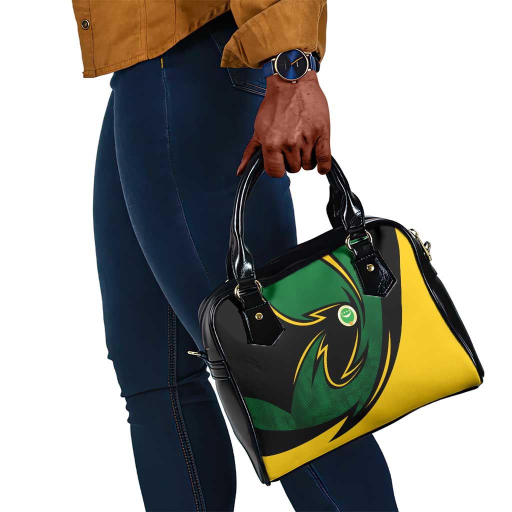 Comoros Shoulder Handbag - Green Black Yellow Swirl Design and National Emblem Pattern