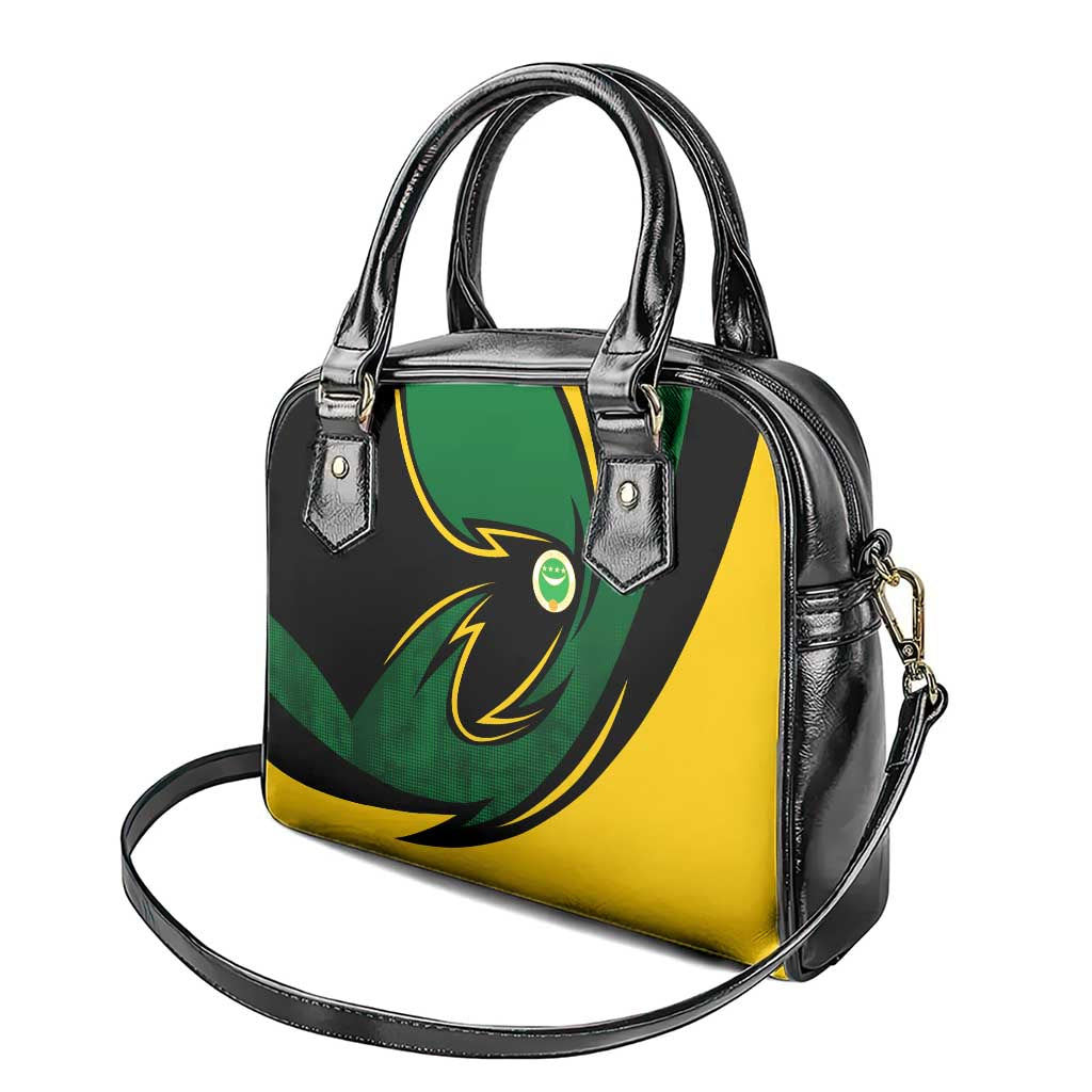Comoros Shoulder Handbag - Green Black Yellow Swirl Design and National Emblem Pattern