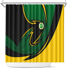 Comoros Shower Curtain - Green Black Yellow Swirl Design and National Emblem Pattern