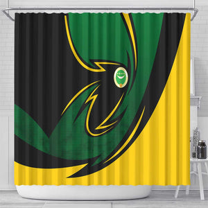 Comoros Shower Curtain - Green Black Yellow Swirl Design and National Emblem Pattern