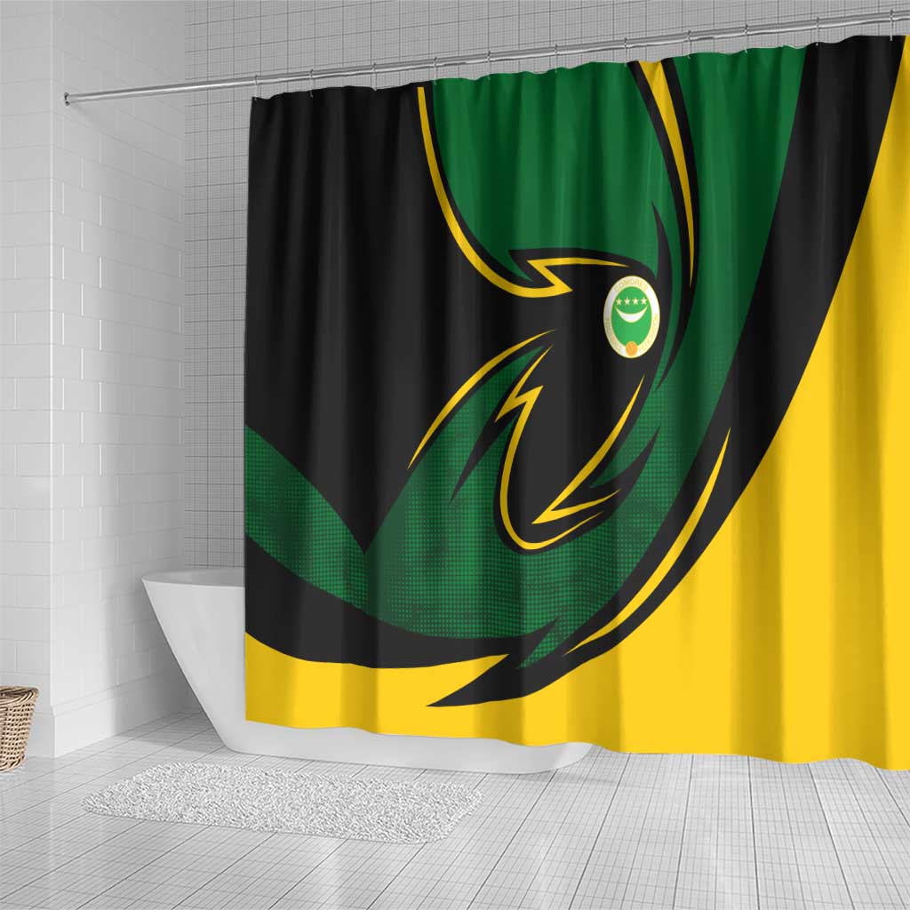 Comoros Shower Curtain - Green Black Yellow Swirl Design and National Emblem Pattern