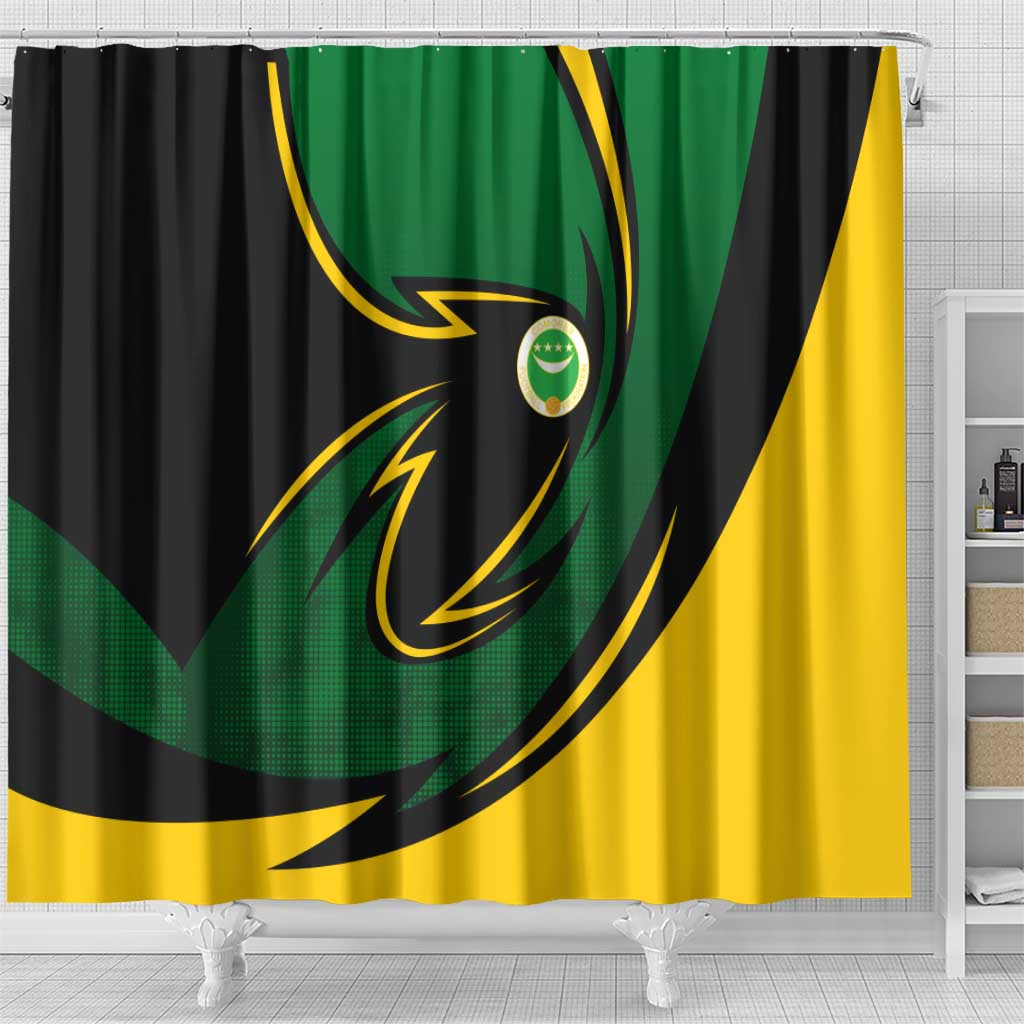 Comoros Shower Curtain - Green Black Yellow Swirl Design and National Emblem Pattern