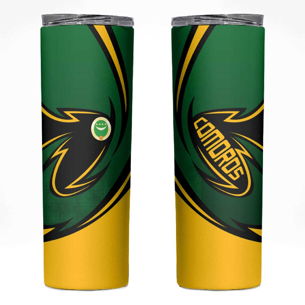 Comoros Skinny Tumbler - Green Black Yellow Swirl Design and National Emblem Pattern