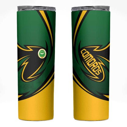 Comoros Skinny Tumbler - Green Black Yellow Swirl Design and National Emblem Pattern