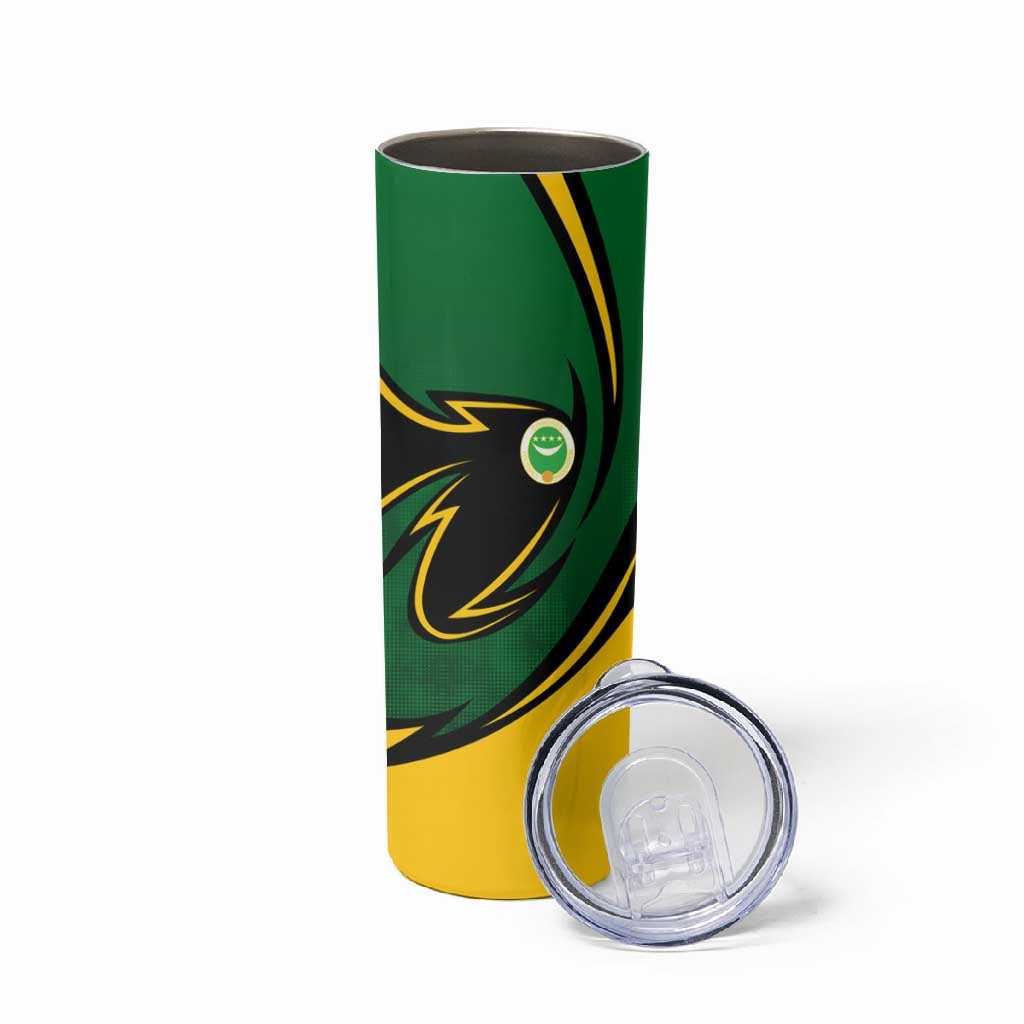 Comoros Skinny Tumbler - Green Black Yellow Swirl Design and National Emblem Pattern