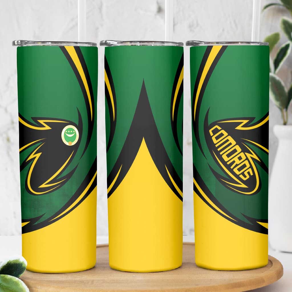 Comoros Skinny Tumbler - Green Black Yellow Swirl Design and National Emblem Pattern