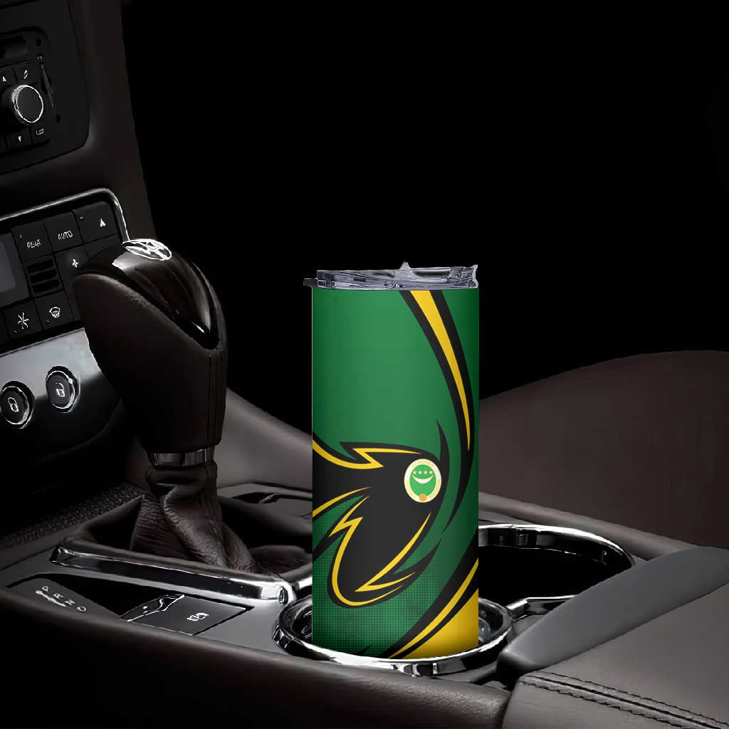 Comoros Skinny Tumbler - Green Black Yellow Swirl Design and National Emblem Pattern