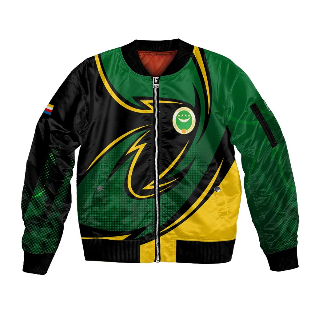 Comoros Sleeve Zip Bomber Jacket - Green Black Yellow Swirl Design and National Emblem Pattern
