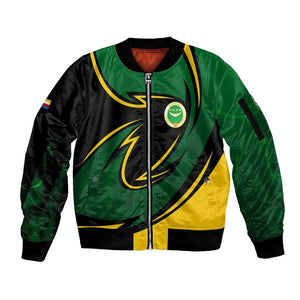Comoros Sleeve Zip Bomber Jacket - Green Black Yellow Swirl Design and National Emblem Pattern