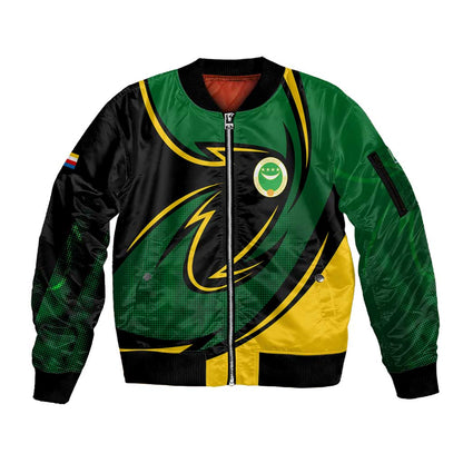 Comoros Sleeve Zip Bomber Jacket - Green Black Yellow Swirl Design and National Emblem Pattern