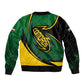 Comoros Sleeve Zip Bomber Jacket - Green Black Yellow Swirl Design and National Emblem Pattern