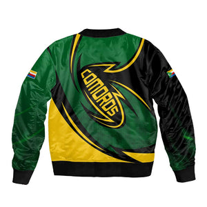 Comoros Sleeve Zip Bomber Jacket - Green Black Yellow Swirl Design and National Emblem Pattern